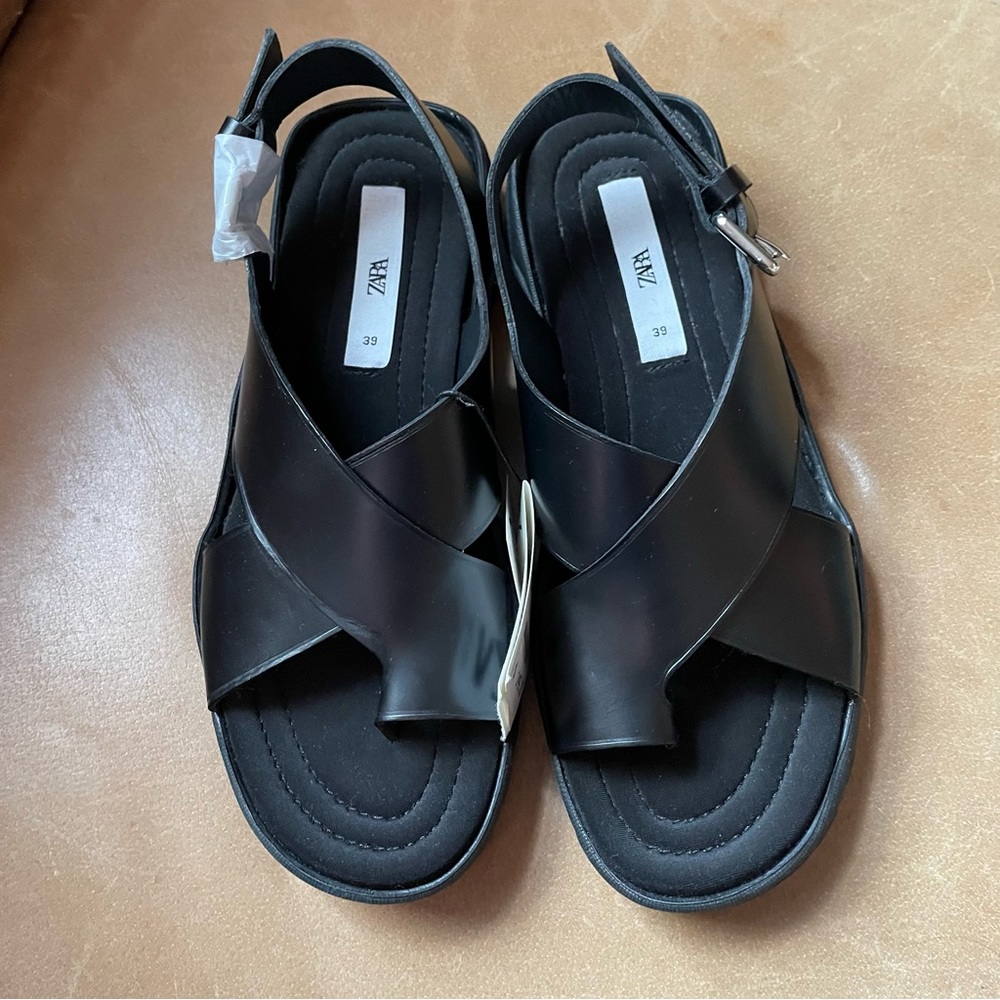 NWT Zara Vibram soled leather sandals lug trek black urban city size 39 - Picture 8 of 12